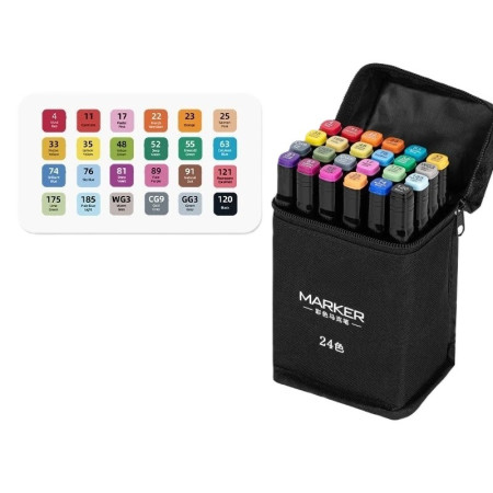 Set 24 Markere, Cyrax, pe Baza de Ulei, Dublu Capat, Subtire 1mm si Gros 6 mm, Geanta Depozitare, 15 cm, Multicolor
