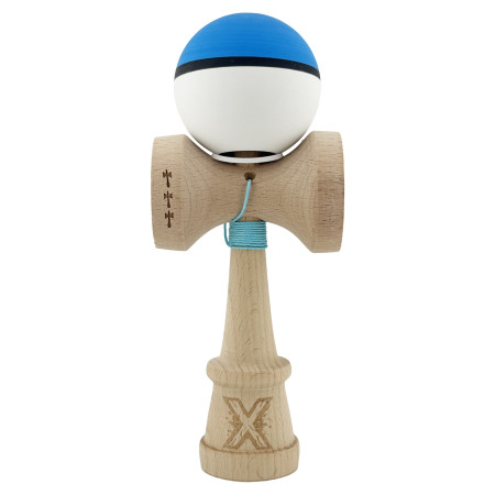 Kendama X Originala, Profesionala, Cyrax, Cupe Mari KING SIZE V3, Rubber Grip, Gaura in Baza, Rulment Metalic, din lemn 18 cm, Ata 62/65 cm, S Bicolor Albastru/Alb