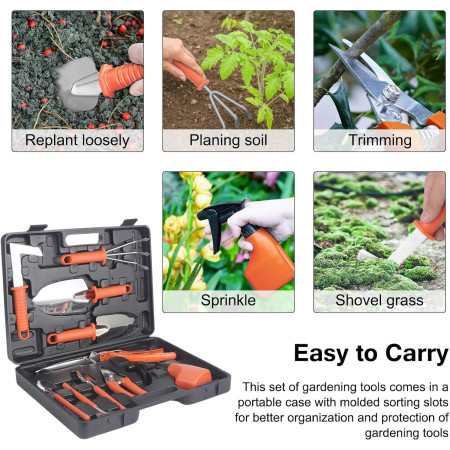 Set 10 Unelte de Gradina,  pentru Plantare Prelucrare Sol si Ingrijire Plante, Manere Portocalii, Material PVC si Otel Inoxidabil, Cutie Inclusa, 37x28x7 cm, Negru