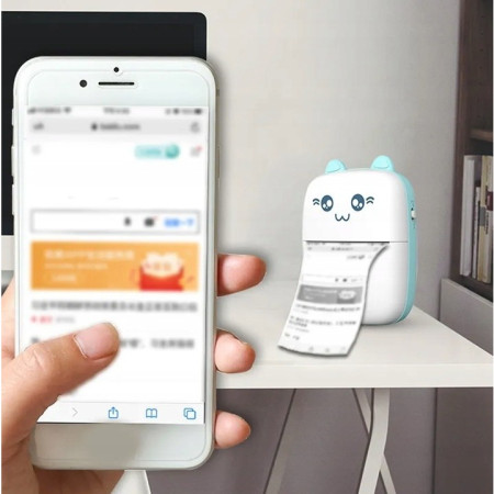 Set Mini Imprimanta Foto Portabila, Cyrax, Include: 1x Set de Markere, 5x Role de Hartie Termica, 5x Role Hartie Adeziva, Incarcare USB, Bluetooth, Print Alb-Negru, Model Ursulet, Alb/Albastru