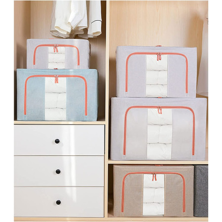 Cutie de Depozitare Pliabila,  66 L, din Bumbac si In, 50x40x33 cm, Fereastra Frontala Transparenta, 2 Usi de Acces cu Fermoar Bidirectional, Cadru Metalic, Suport Baza Stabil din Plastic, Bleu