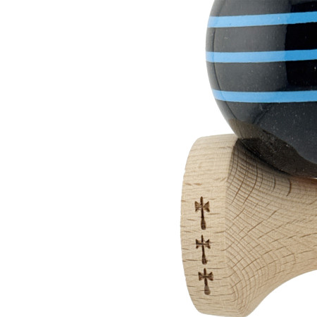 Kendama X Originala, Profesionala, Cyrax, Big Cups V2, Super Sticky Legendary Cupe Mari, Rulment Metalic cu Ata 55 cm, Negru/Linii Albastre deschise