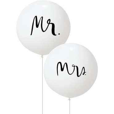Set 2 Baloane din Latex, Cyrax, Tip Jumbo, Model Mr si Mrs, Tema Nunta, 45 cm, Alb