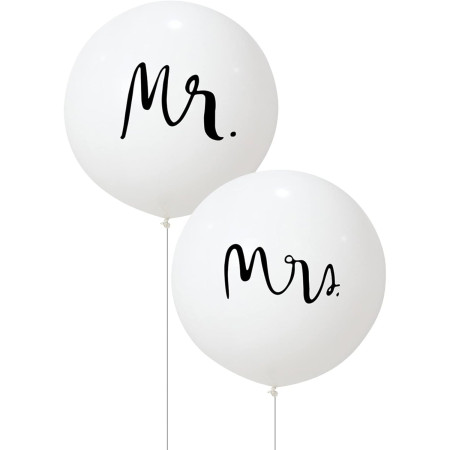 Set 2 Baloane din Latex, Cyrax, Tip Jumbo, Model Mr si Mrs, Tema Nunta, 45 cm, Alb