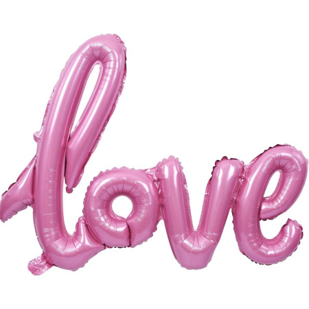 Balon din Folie Metalizata, Cyrax, Model Love scris de mana, 102x65 cm, Tematica Ziua Îndrăgostiților, Ambalaj Individual, Pai Inclus, Umflare cu Aer sau Heliu, Roz