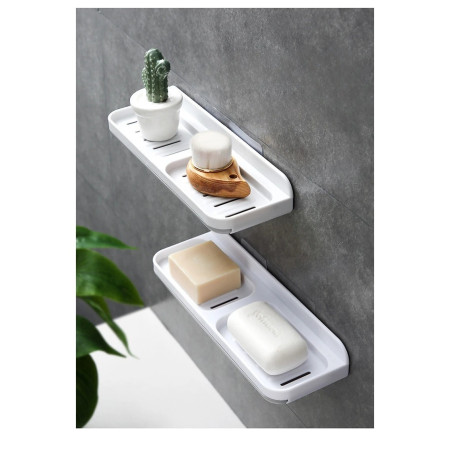 Savoniera Dubla,  de Perete, cu Compartiment de Scurgere, Montare prin Lipire, 26 x 8 x 4 cm, Alb/Gri