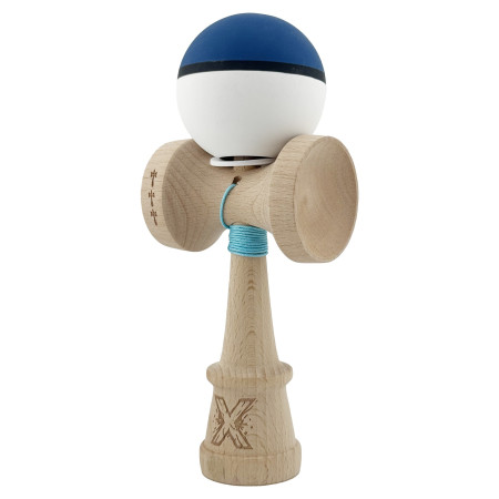 Kendama X Originala, Profesionala, Cyrax, Cupe Mari KING SIZE V3, Rubber Grip, Gaura in Baza, Rulment Metalic, din lemn 18 cm, Ata 62/65 cm, S Bicolor Albastru inchis/Alb