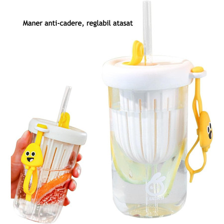 Pahar din silicon, cu capac si pai, pentru copii, Cyrax, anti-cadere, compartiment pentru fructe/ceai/gheata, rezistent la temperaturi inalte, 500ml, Alb, 14.5x8.8x20 cm