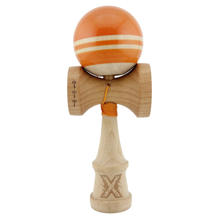 Kendama X Rainbow Originala, Profesionala, Cyrax, Big Cups V2, Super Sticky cu Cupe Mari, Rulment Metalic, din lemn 18 cm, Ata 55 cm, Portocaliu/Maro