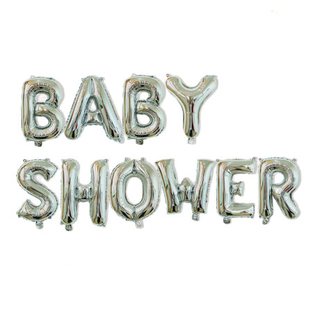 Set Baloane din Folie Metalizata, Cyrax, Model Baby Shower, Litere de 40 cm, Baloane Party, Ambalaj Individual, Pai, Ata si Adeziv Incluse, Umflare cu Aer sau Heliu, Argintiu