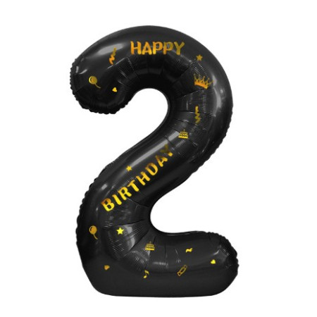Balon din Folie Metalizata Cyrax, Figurina Cifra, Scris Happy Birthday, Tema Aniversare 100 cm, Ambalaj Individual, Pai inclus, Umflare cu Aer sau Heliu, Negru, Cifra 2