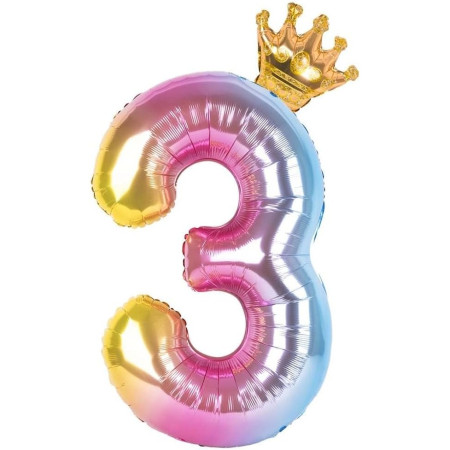 Balon din Folie Metalizata, Cyrax, Figurina Cifra Gradient, Tema Aniversare 80 cm, Ambalaj Individual, Pai inclus, Umflare cu Aer sau Heliu, Coronita, Cifra 3