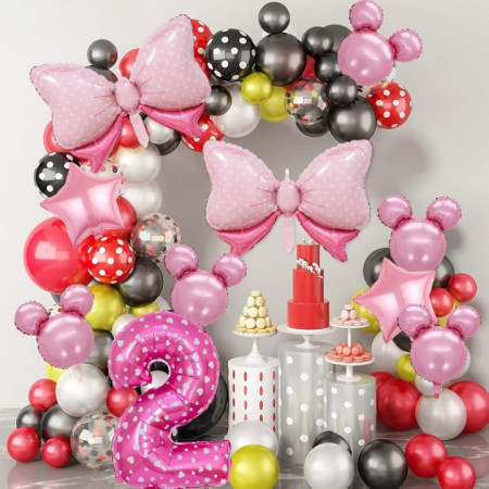 Balon din Folie Metalizata Cyrax, Figurina Cifra, Imprimeu Inimi, Tema Aniversare 80 cm, Ambalaj Individual, Pai inclus, Umflare cu Aer sau Heliu, Roz, Cifra 2