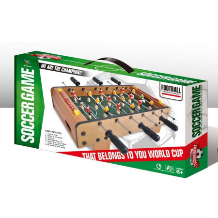 Masa de Fotbal cu Teren, Cyrax, cu Picioare Scurte, 6 Manere, Tablou de Scor, 50 x 25 x 18 cm, din Lemn/Otel/ABS, Maro