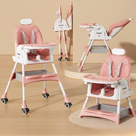 Scaun de Masa pentru Bebelusi si Copii Cyrax, cu Roti, cu Tetiera, Telescopic, Pliabil, Masuta Reglabila, Suport Picioare, Scaun cu Invelis Piele Artificiala, Centura Siguranta, Spatiu Depozitare, 97 x 73 x 65 cm, Roz