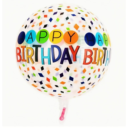 Balon din Folie Metalizata, Cyrax, Figurine 4D, Model Happy Birthday, Tematica Aniversara Bombonele, 63x24 cm, Ambalaj Individual, Pai Inclus, Umflare cu Aer sau Heliu, Alb-Multicolor