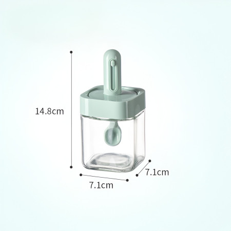 Recipient pentru Depozitarea Condimentelor, Cyrax, Borcan din Sticla, Capac si Lingura Incorporate, Uz Casnic, 300 ml, 7.1x7.1x14.8 cm, Verde