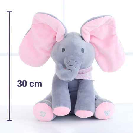 Jucarie Interactiva pentru Copii, Cyrax, Elefantel Peek-a-boo, Muzica, Misca Urechile, Alimentare cu Baterii, 30 cm, Roz-Gri