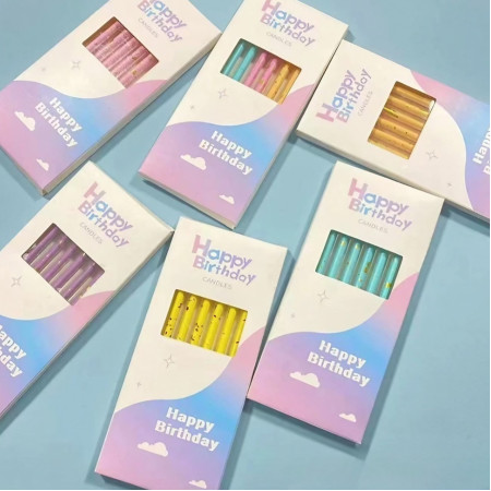 Set 6 Lumanari Lungi, Cyrax, din Parafina, 10 x 0.5 cm, Happy Birthday, Galben