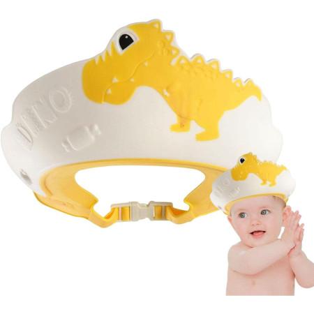 Cyrax Viziera de Protectie Baie Pentru Copii, Fippy, Model Dinozaur, Dimensiune ajustabila, Durabil, Usor de curatat, Impotriva Samponului, pentru Ochi si Urechi, TPE+PP, 22x21 cm, Galben