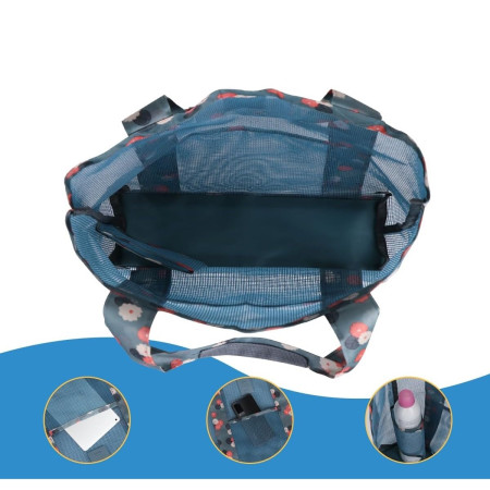 Geanta de Plaja, Cyrax, din Plasa Transparenta, Imprimeu Floral, 43 x 10 x 33 cm, Model pentru Umar, Lungime Inferioara 33 cm, Albastru