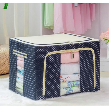 Cutie de Depozitare Pliabila,  24 L, Panza Oxford, 40x30x20 cm, Fereastra Frontala, 2 Usi de Acces cu Fermoar Bidirectional, Cadru Metalic, Suport Baza Stabil din Plastic, Imprimeu buline, Albastru Marin