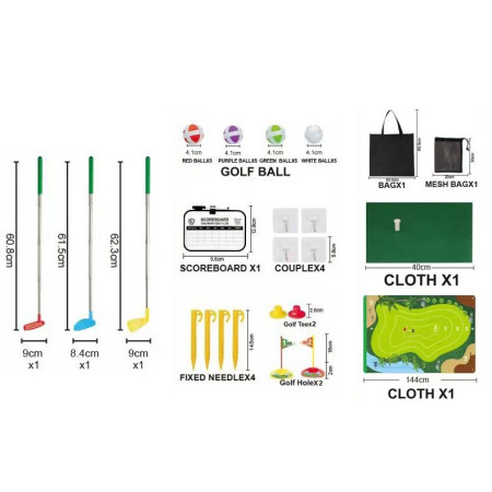 Set de Golf, Cyrax, Interactiune Parinte-Copil, Covor de Golf, 140 x 98 cm, 4 Mingii cu Scai, 3 Crose Reglabile, Model C, +3 Ani, Multicolor