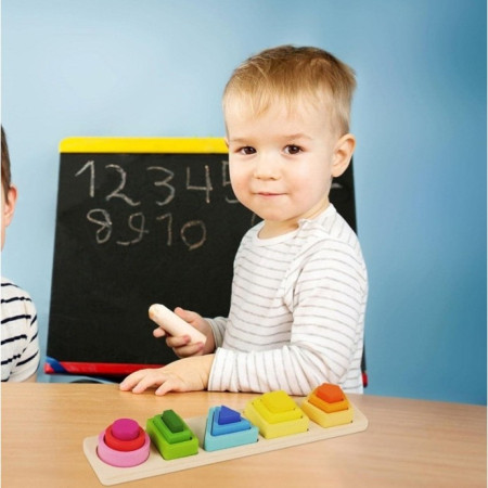 Jucarie Montessori de Sortat, Cyrax, din Lemn, Tip Puzzle, cu 5 Forme Asimetrice, 15 Piese, Educativa, Interactiva, Creativa, Materiale Non Toxice, +2 Ani, Multicolor