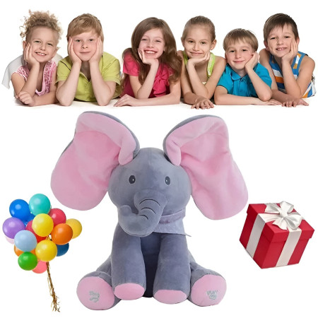 Jucarie Interactiva pentru Copii, Cyrax, Elefantel Peek-a-boo, Muzica, Misca Urechile, Alimentare cu Baterii, 30 cm, Roz-Gri