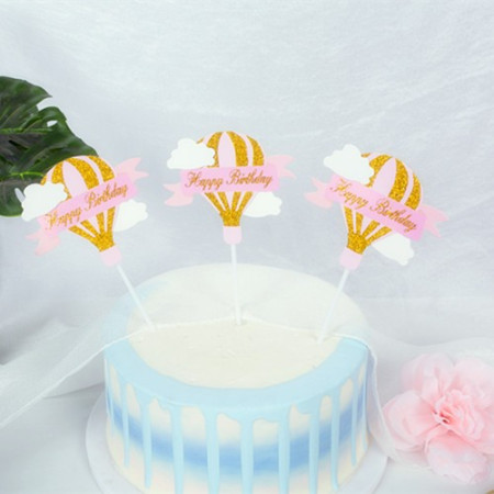 Set 3 Toppere pentru Tort, Cyrax, Model Balon cu Aer Cald Happy Birthday, Tematica Aniversare, Roz