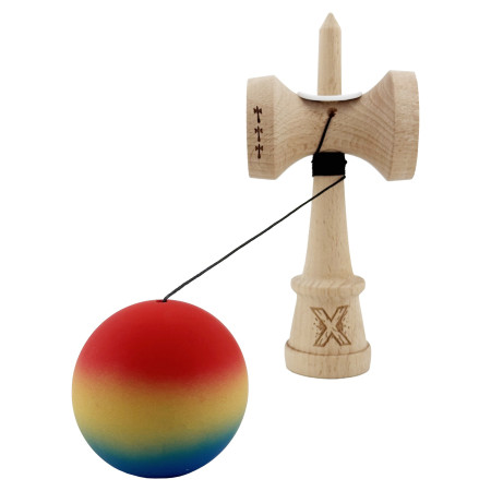 Kendama X Originala, Profesionala, Cyrax, Cupe Mari KING SIZE V3, Rubber Grip, Gaura in Baza, Rulment Metalic, din lemn 18 cm, Ata 62/65 cm, Gradient Rosu/Galben/Albastru