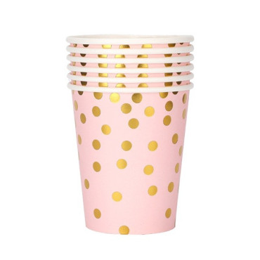 Set 10 Pahare, Cyrax, Imprimeu cu Buline, din Carton, 250 ml, 7.5 x 8.5 x 5.2 cm, Roz/Auriu