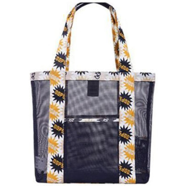 Geanta de Plaja, Cyrax, din Plasa Transparenta, Imprimeu Oops, 43 x 10 x 33 cm, Model pentru Umar, Lungime Inferioara 33 cm, Negru