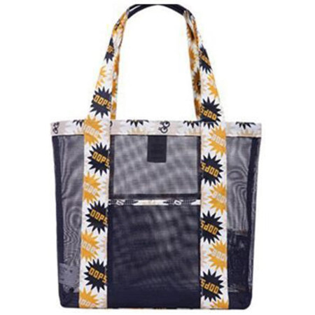 Geanta de Plaja, Cyrax, din Plasa Transparenta, Imprimeu Oops, 43 x 10 x 33 cm, Model pentru Umar, Lungime Inferioara 33 cm, Negru