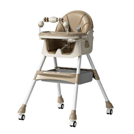 Scaun de Masa pentru Bebelusi si Copii, Cyrax, 2 Tavite cu Jucarii si Husa Detasabile, Multifuncțional, Stabil, Centura de Siguranta, Spatar Reglabil Moale, Balansoar, Cos de Depozitare, de la 6 Luni, 97x73x65cm, Crem
