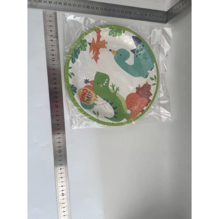 Set 10 Farfurii de Carton Happy Birthday, Cyrax, 23 cm, Tematica Aniversare, Model Dinozauri, Multicolor