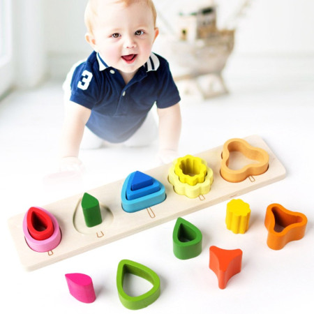 Jucarie Montessori din Lemn, Cyrax, Tip Puzzle, cu 5 Forme Asimetrice, 15 Piese, Educativa, Interactiva, Creativa, Model Copaci, Materiale Non Toxice, +2 Ani, 29x6.5 cm, Multicolor