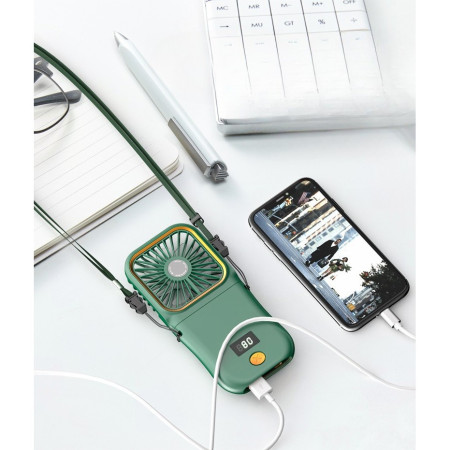 Ventilator Portabil  3 in 1, de Mana, de Gat, de Birou, 16.7 x 8 x 1.9 cm, 3 Trepte de Viteza, Incarcare USB, Pliabil, Afisaj Digital, Suport Telefon, Verde