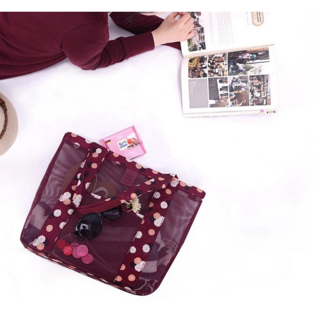 Geanta de Plaja, Cyrax, din Plasa Transparenta, Imprimeu Floral, 43 x 10 x 33 cm, Model pentru Umar, Lungime Inferioara 33 cm, Burgundy