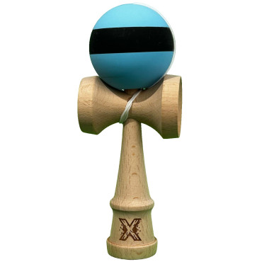 Kendama X Originala, Profesionala, Cyrax, din Lemn, 18 cm, Rubber Grip, Dungi Albastru/Negru