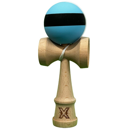 Kendama X Originala, Profesionala, Cyrax, din Lemn, 18 cm, Rubber Grip, Dungi Albastru/Negru...