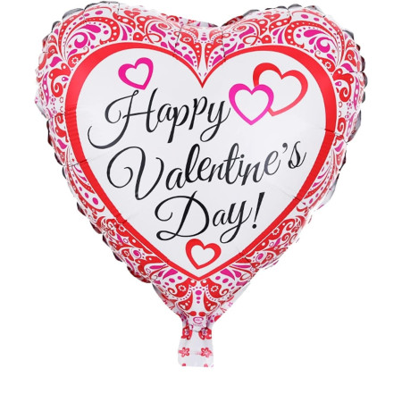 Balon din Folie Metalizata, Cyrax, Figurina Inimioara, Model Happy Valentine's Day, Tematica Iubire, 45 cm, Ambalaj Individual, Pai Inclus, Umflare cu Aer sau Heliu, Rosu