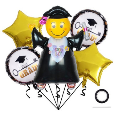 Baloane cu tematica Absolvire, Cyrax, set din 5 baloane, 1 Figurina Absolventa, 2 stele, 2 rotunde, din folie de aluminiu, 70 x 40 cm, Aer si Heliu, Auriu Negru