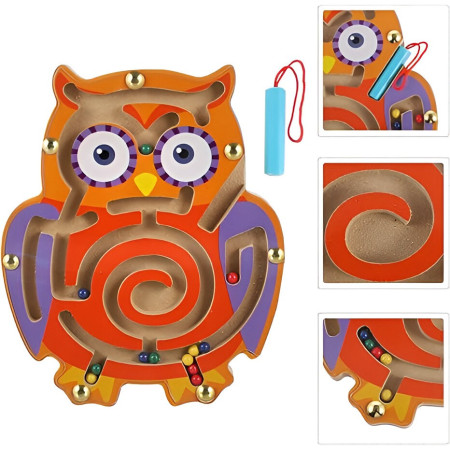 Joc Montessori cu Bile, Cyrax, Creion Magnetic, Tip Labirint, din Lemn, Model Bufnita, 18.5x17.5 cm, Portocaliu-Mov