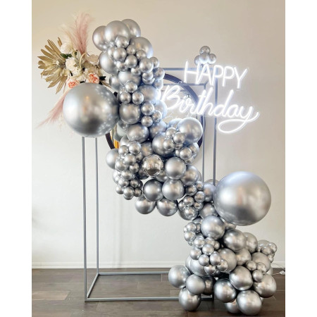 Set 10 Baloane din Latex Metalizate, Cyrax, Model Party, Alb, Argintiu, 23 cm, 2.2 g