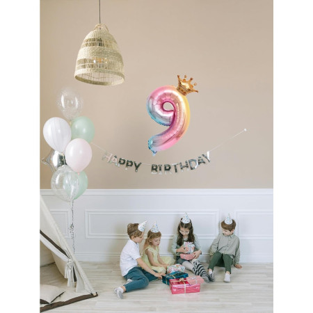 Balon din Folie Metalizata, Cyrax, Figurina Cifra Gradient, Tema Aniversare 80 cm, Ambalaj Individual, Pai inclus, Umflare cu Aer sau Heliu, Coronita, Cifra 9