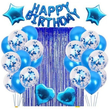 Cyrax Set 24 de baloane folie si latex, 10 baloane latex simple, 10 bloane latex cu paiete, 4 baloane folie, ribon, 1x2 m perdea, Albastru