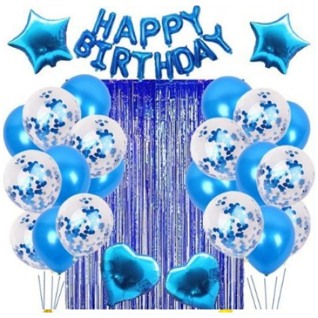 Cyrax Set 24 de baloane folie si latex, 10 baloane latex simple, 10 bloane latex cu paiete, 4 baloane folie, ribon, 1x2 m perdea, Albastru