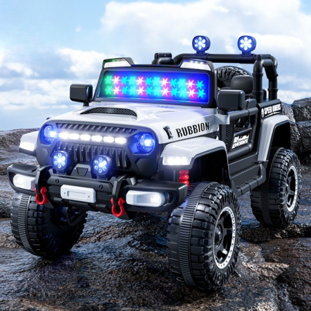 Masina Electrica pentru Copii, Cyrax, Off-Road, Conectare Bluetooth, telecomanda, Tractiune Spate, Lumina Intermitenta, Baterie 12V 7Ah, 120 x 63 x 68cm, Alb