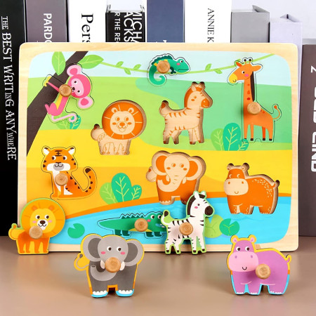 Puzzle Montessori din Lemn pentru Copii, Cyrax, 0-3 Ani, Model Animale din Jungla, Educativ, Intuitiv, Creativ, 9 Piese, 30x22.5x0.8 cm, Multicolor